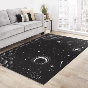 Night Sky Area Rug Celestial Carpet Gothic Starry Night Mystical Witchy Altar Decor Sun Moon Floor Mat Galaxy Black Shooting Stars Decor