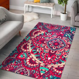 Pink Teal Bohemian Mandala Pattern Area Rug Bohemian Rug Floor Decor