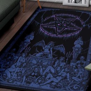 Satanic Pentagram Skull Sexy Winged Demon Welcome To Hell’S Pearly Pleasure Gates Area Rug Pentagram Baphomet Rug Gothic Home Decor