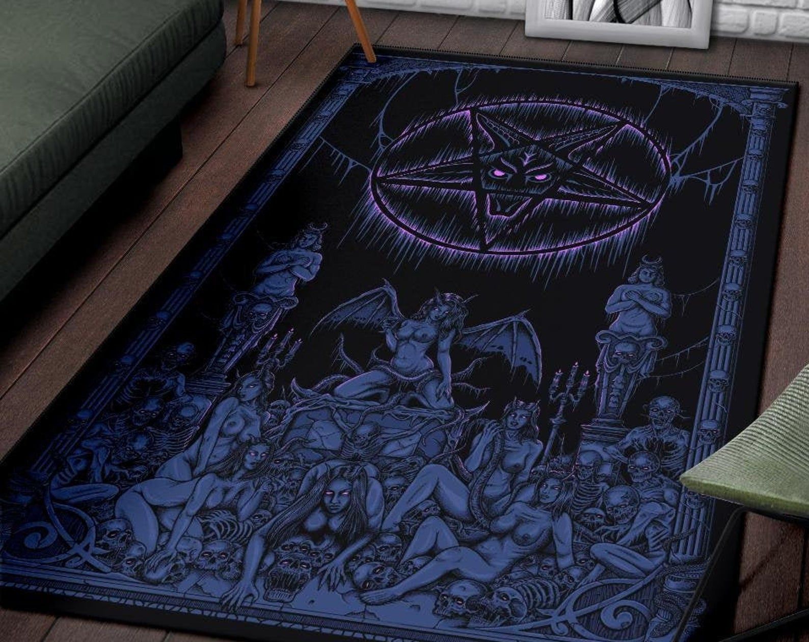 Satanic Pentagram Skull Sexy Winged Demon Welcome To Hell’S Pearly Pleasure Gates Area Rug Pentagram Baphomet Rug Gothic Home Decor Satanic Pentagram Skull Sexy Winged Demon Welcome To Hell’S Pearly Pleasure Gates Area Rug Pentagram Baphomet Rug Gothic Home Decor