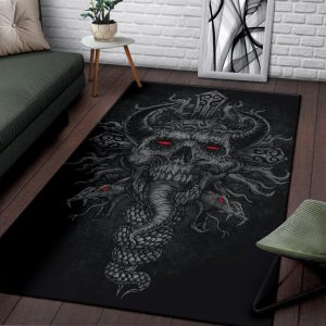 Satanic Skull Crowned Demon With Demon Serpents Awesome Grey Red Eye Area Rug Gothic Home Decor