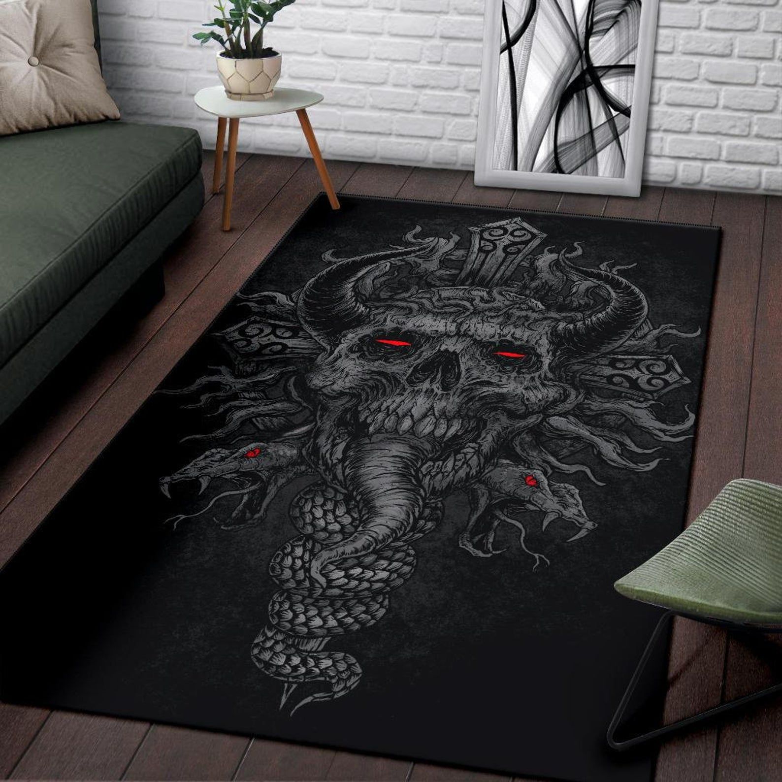 Satanic Skull Crowned Demon With Demon Serpents Awesome Grey Red Eye Area Rug Gothic Home Decor Satanic Skull Crowned Demon With Demon Serpents Awesome Grey Red Eye Area Rug Gothic Home Decor