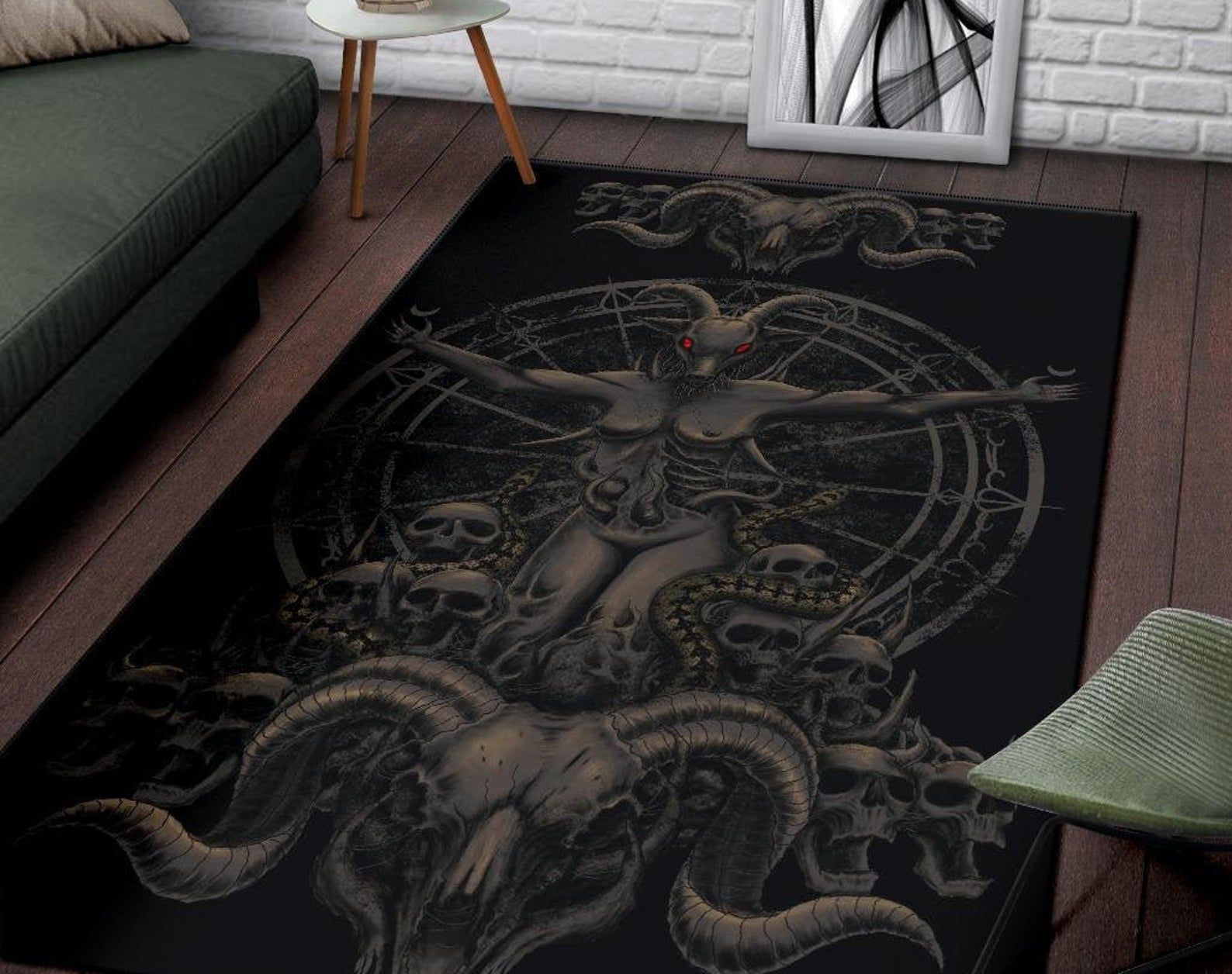 Satanic Skull Demon Goat Woman With Serpents Rust Red Eye Area Rug Gothic Home Decor Satanic Skull Demon Goat Woman With Serpents Rust Red Eye Area Rug Gothic Home Decor