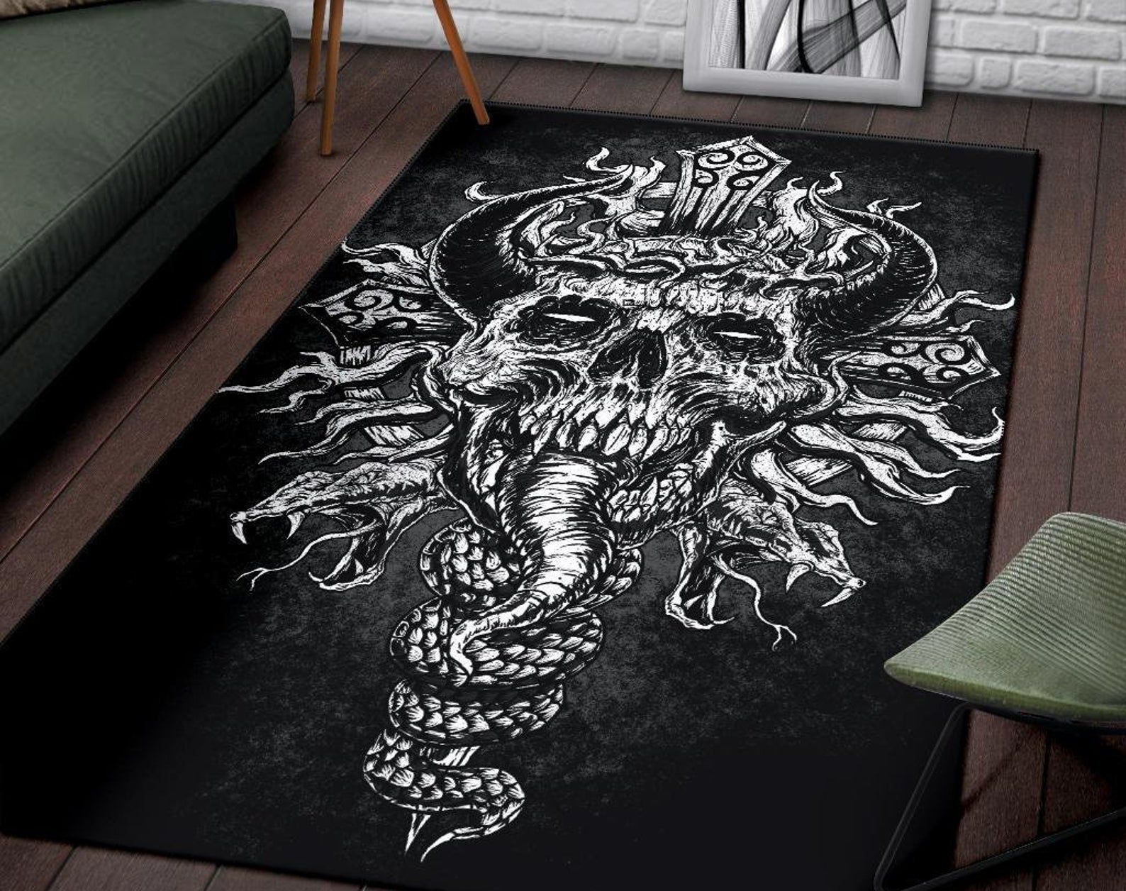 Skull Cross Crowned Demon With Demon Serpents Area Rug Gothic Home Decor Skull Cross Crowned Demon With Demon Serpents Area Rug Gothic Home Decor