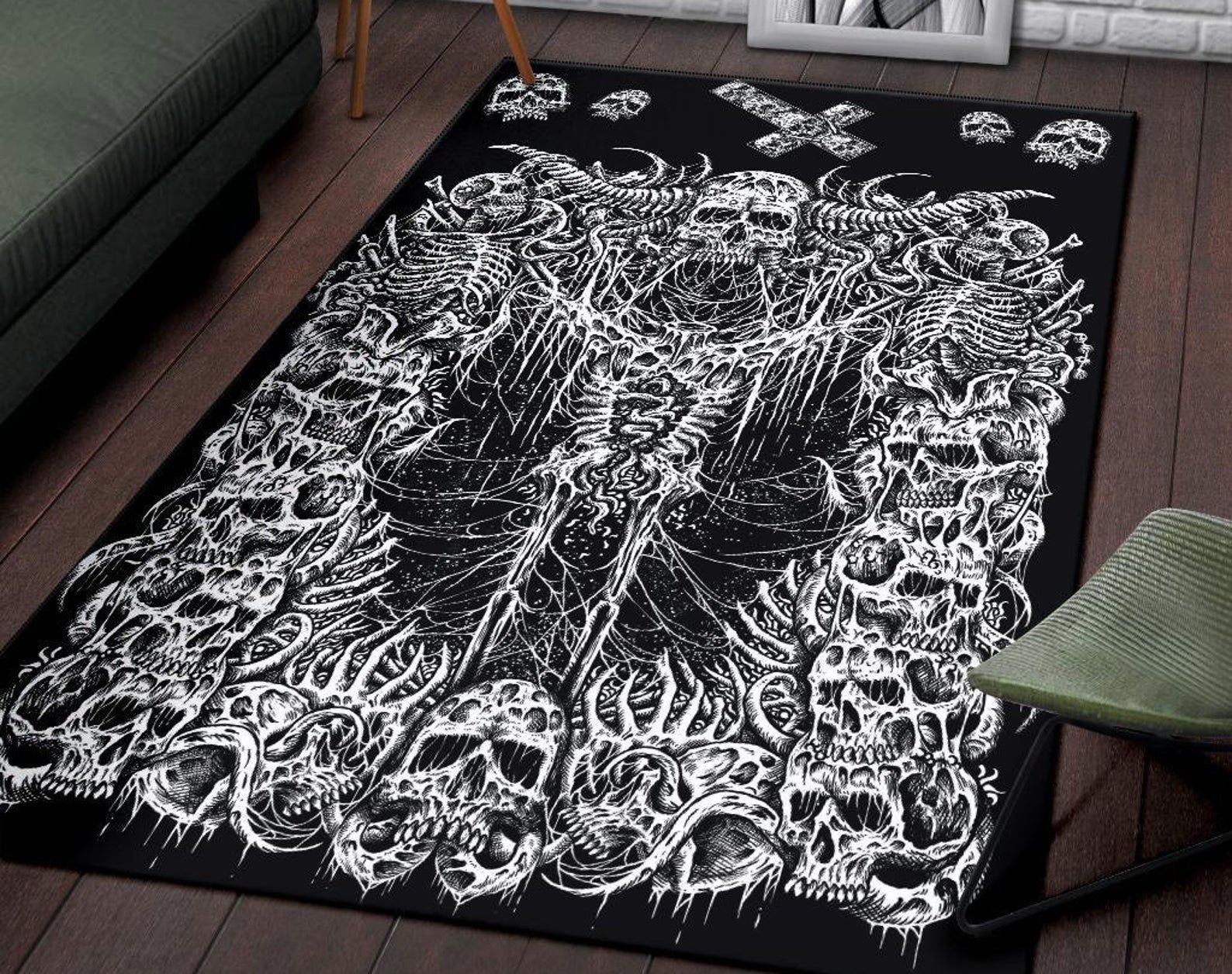 Skull Demon Horn With Headless Skeleton And Inverted Cross Area Rug Gothic Home Decor Skull Demon Horn With Headless Skeleton And Inverted Cross Area Rug Gothic Home Decor