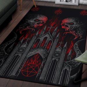 Skull Demon Satanic Pentagram Church Flame Area Rug Dark Color Gothic Home Decor