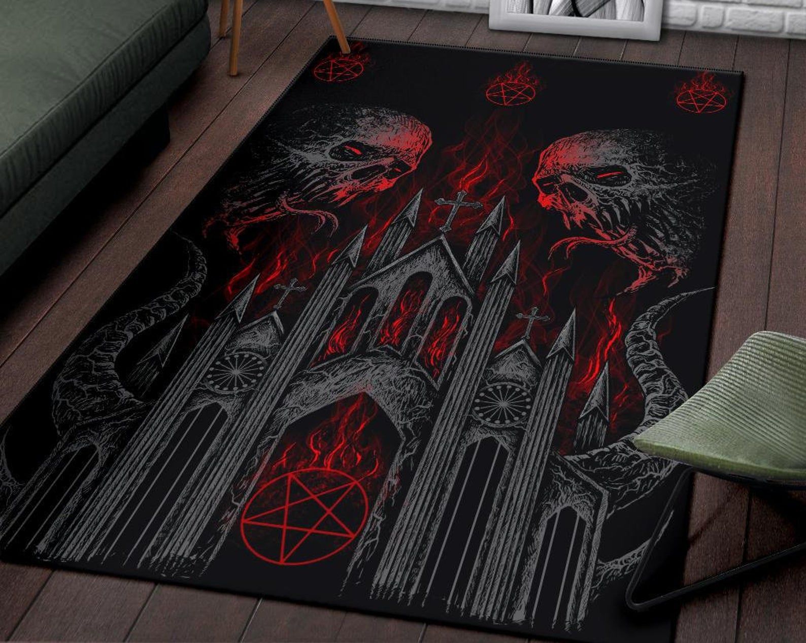 Skull Demon Satanic Pentagram Church Flame Area Rug Dark Color Gothic Home Decor Skull Demon Satanic Pentagram Church Flame Area Rug Dark Color Gothic Home Decor