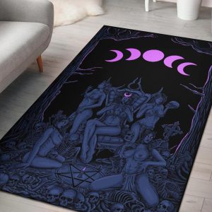 Skull Demon Satanic Pentagram Sexy Witch Throne Area Rug Erotic Blue Pink Gothic Home Decor