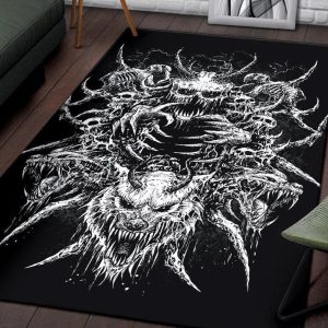 Skull Demon Wolf Area Rug Large Print Original Black And White Gothic Home Decor
