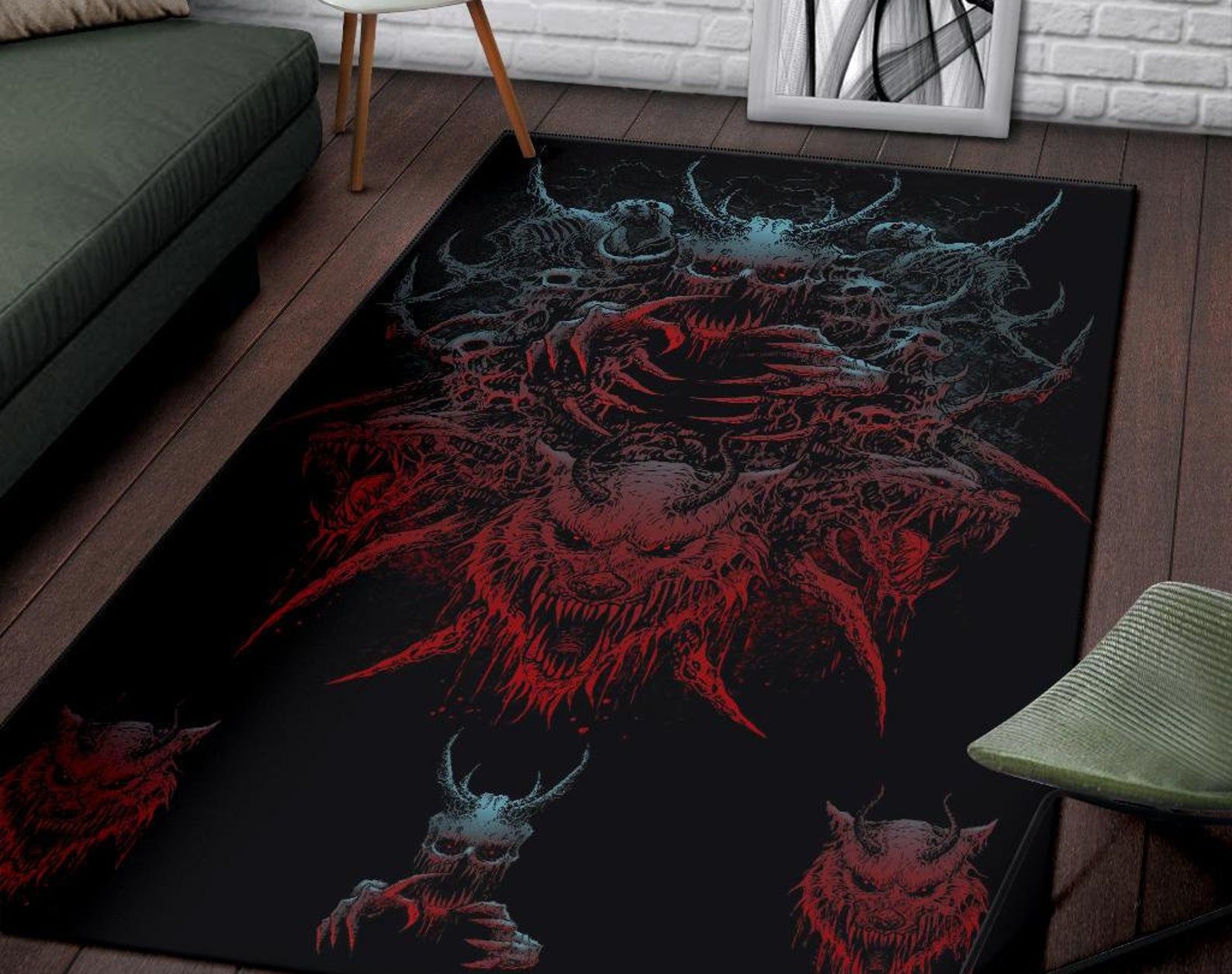 Skull Demon Wolf With Glowing Demon And Wolf Eyes Color Area Rug Gothic Home Decor Skull Demon Wolf With Glowing Demon And Wolf Eyes Color Area Rug Gothic Home Decor