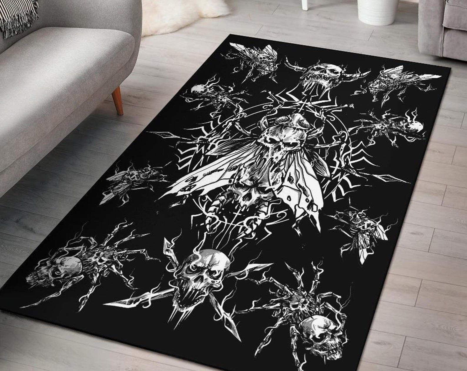 Skull Goth Evil Spider Fly Area Rug Black And White Gothic Home Decor Skull Goth Evil Spider Fly Area Rug Black And White Gothic Home Decor