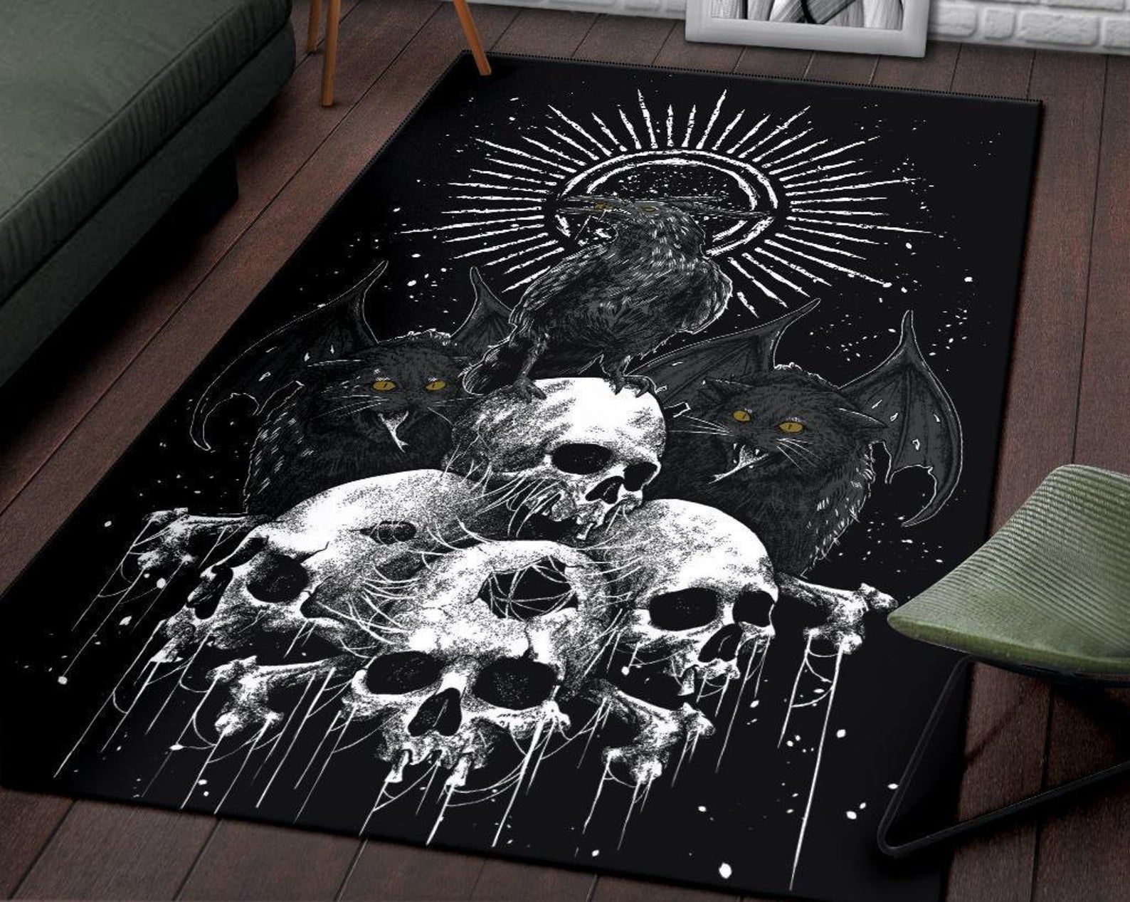 Skull Goth Occult Raven Demon Bat Wing Cat Area Rug Gothic Home Decor Skull Goth Occult Raven Demon Bat Wing Cat Area Rug Gothic Home Decor