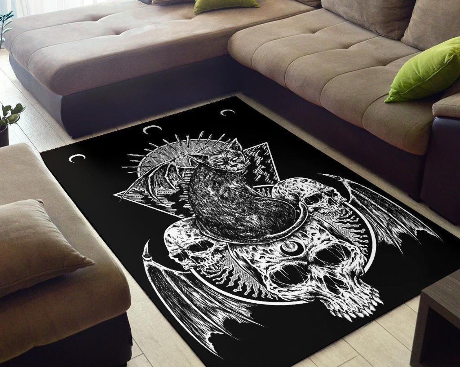 Skull Gothic Bat Wing Black Cat Large Bat Wing Half Moon Area Rug Gothic Home Decor Skull Gothic Bat Wing Black Cat Large Bat Wing Half Moon Area Rug Gothic Home Decor