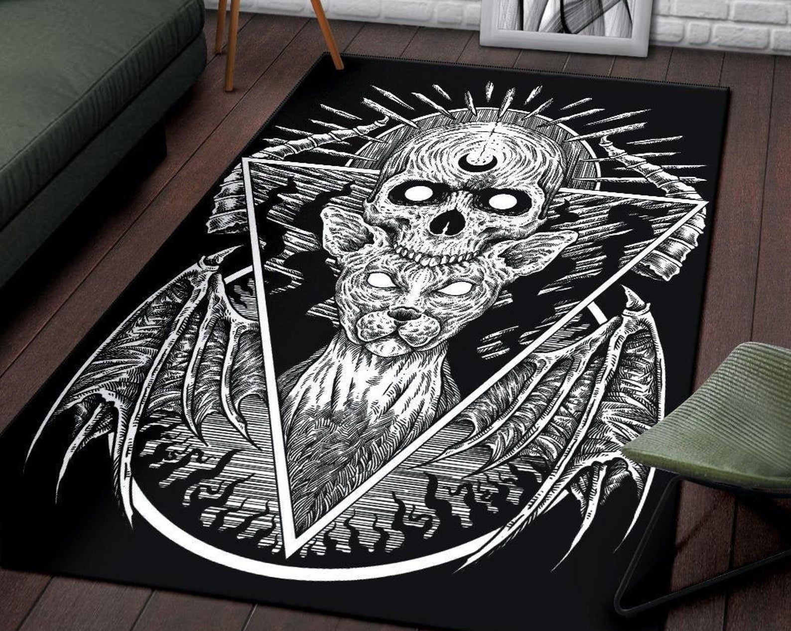 Skull Gothic Cat Area Rug Original Black And White Gothic Home Decor Skull Gothic Cat Area Rug Original Black And White Gothic Home Decor