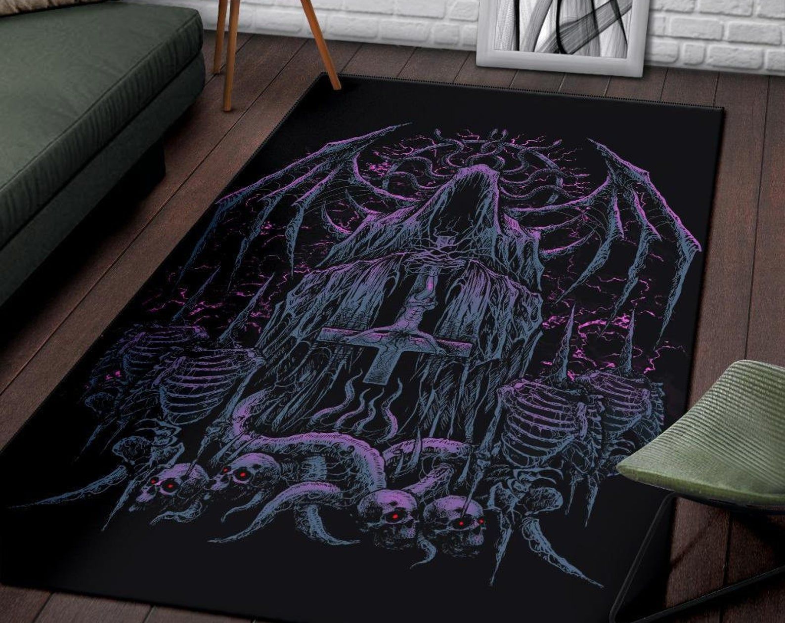 Skull Headless Savior Inverted Cross Hooded Batwing Demon Serpent Area Rug Blue Pink Gothic Home Decor Skull Headless Savior Inverted Cross Hooded Batwing Demon Serpent Area Rug Blue Pink Gothic Home Decor