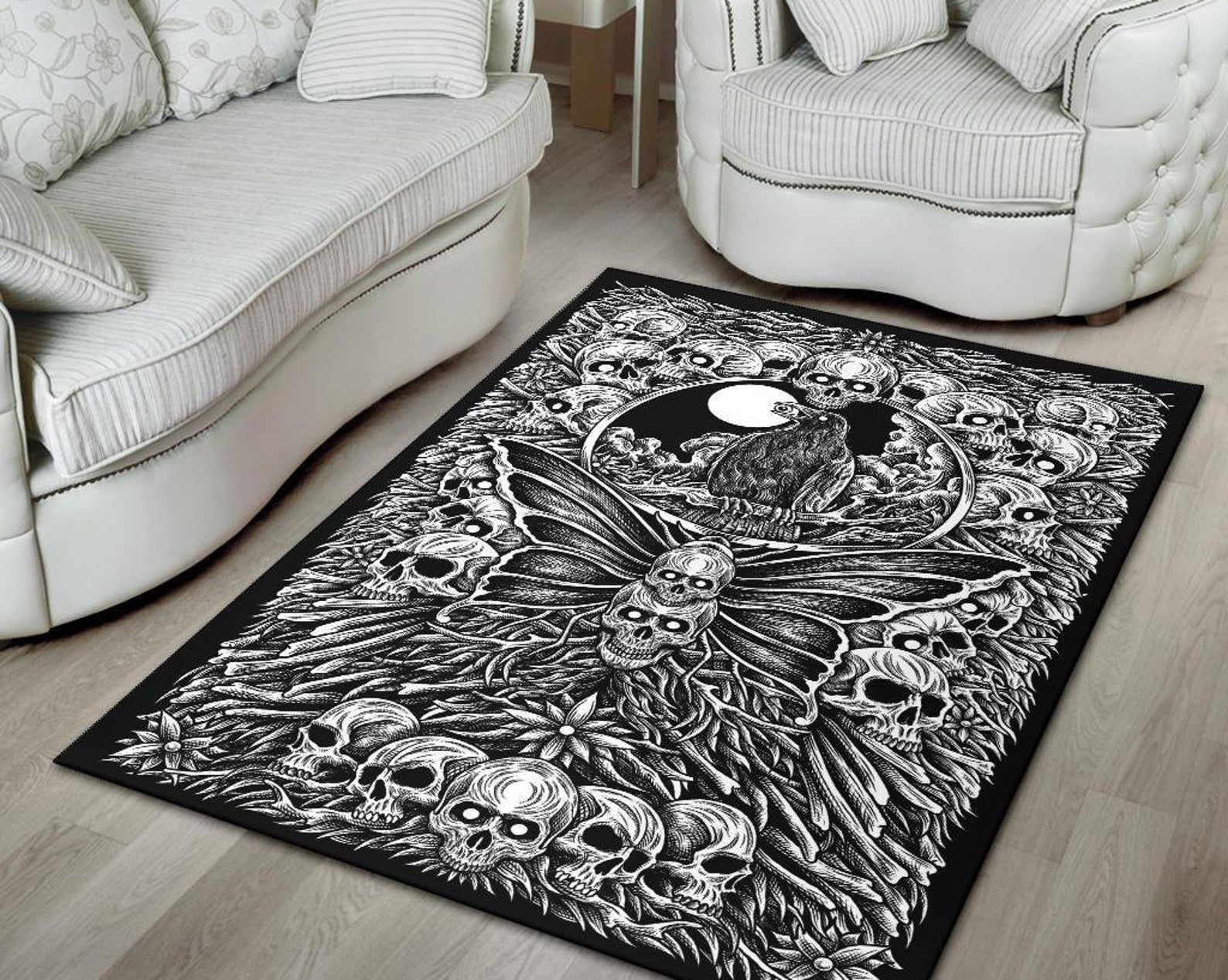 Skull Occult Crow Moth Area Rug Black And White Gothic Home Decor Skull Occult Crow Moth Area Rug Black And White Gothic Home Decor