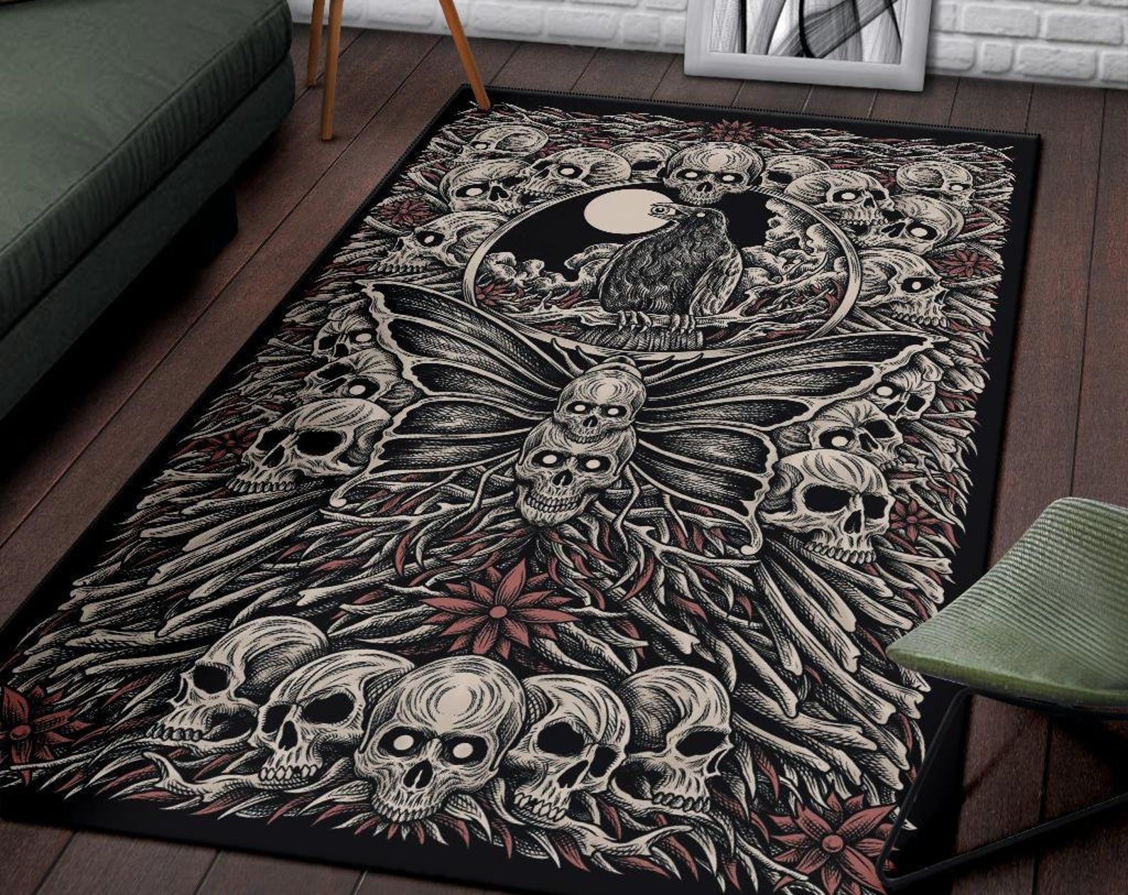 Skull Occult Raven Crow Moth Area Rug Color Gothic Home Decor Skull Occult Raven Crow Moth Area Rug Color Gothic Home Decor