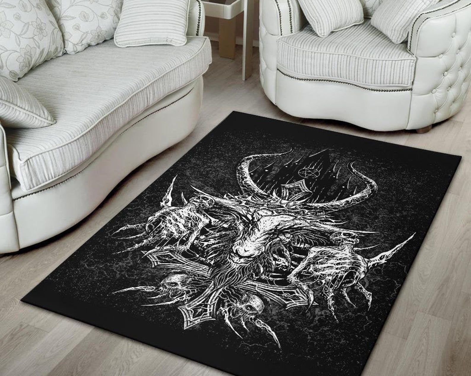 Skull Satanic Crowned Goat Satanic Cross Satanic Pentagram Night Church Part 2 Area Rug Black And White Gothic Home Decor Skull Satanic Crowned Goat Satanic Cross Satanic Pentagram Night Church Part 2 Area Rug Black And White Gothic Home Decor