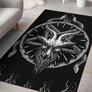 Skull Satanic Demon Goat Satanic Pentagram Serpent Area Rug Large Goat Version Black And White Gothic Home Decor