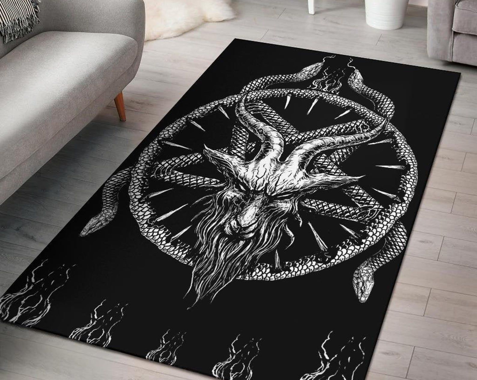 Skull Satanic Demon Goat Satanic Pentagram Serpent Area Rug Large Goat Version Black And White Gothic Home Decor Skull Satanic Demon Goat Satanic Pentagram Serpent Area Rug Large Goat Version Black And White Gothic Home Decor