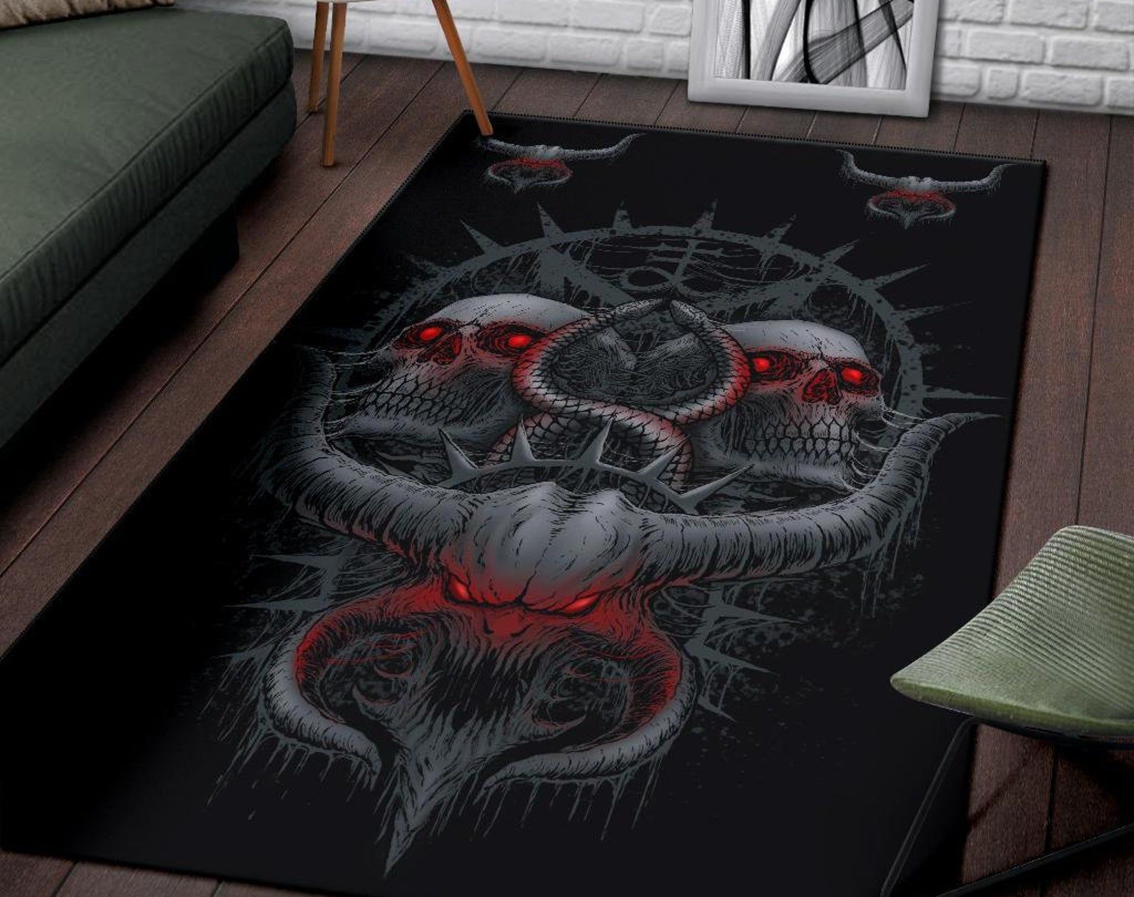 Skull Satanic Glowing Demon Horn With Serpents Color Version Area Rug Gothic Home Decor Skull Satanic Glowing Demon Horn With Serpents Color Version Area Rug Gothic Home Decor