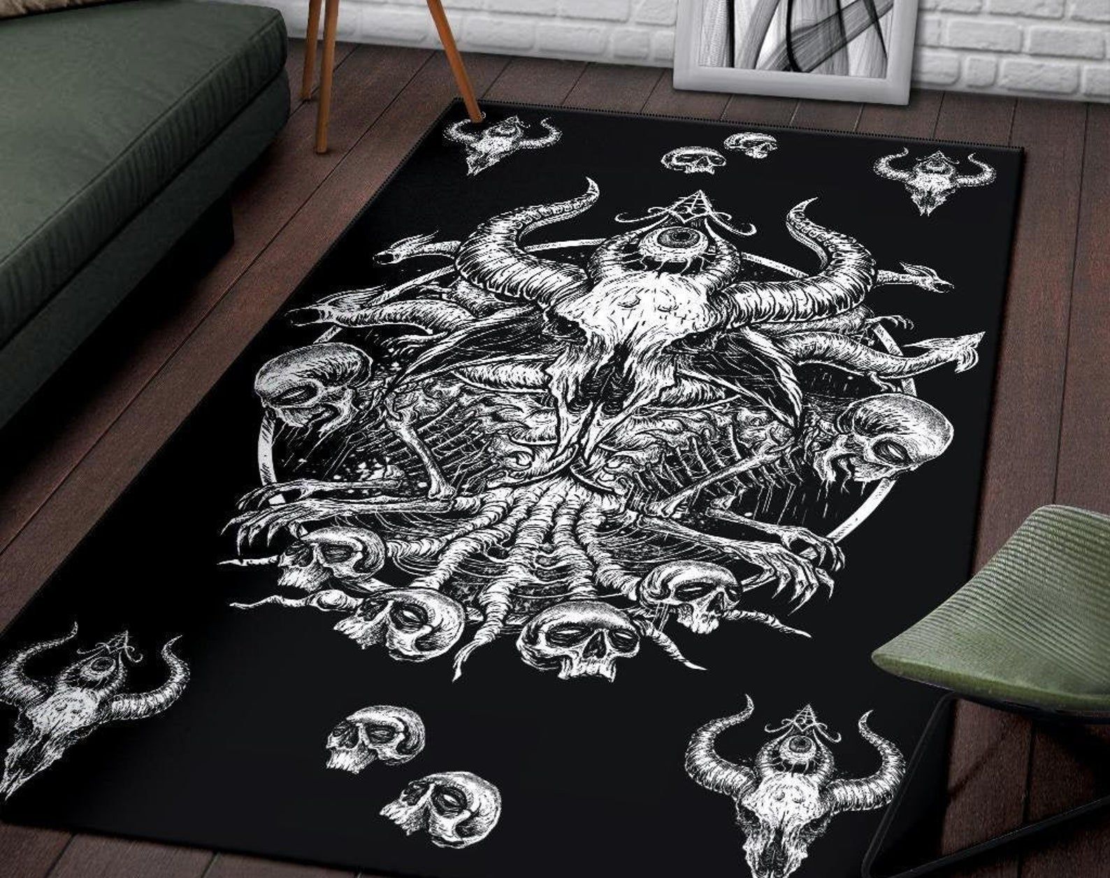 Skull Satanic Goat Demon Dragon Area Rug Gothic Home Decor Skull Satanic Goat Demon Dragon Area Rug Gothic Home Decor