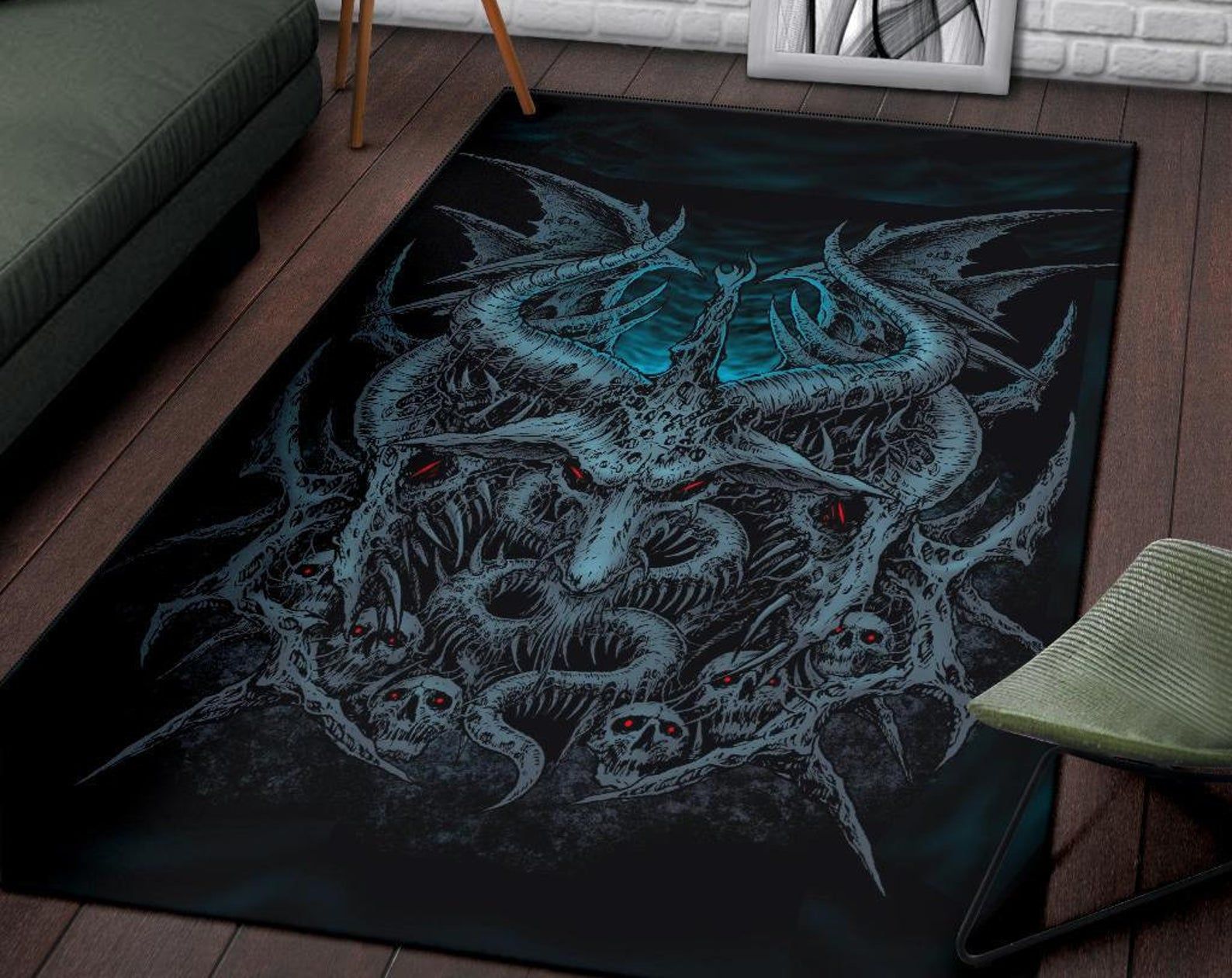 Skull Satanic Goat Demon Wing Area Rug Awesome Blue Gothic Home Decor Skull Satanic Goat Demon Wing Area Rug Awesome Blue Gothic Home Decor