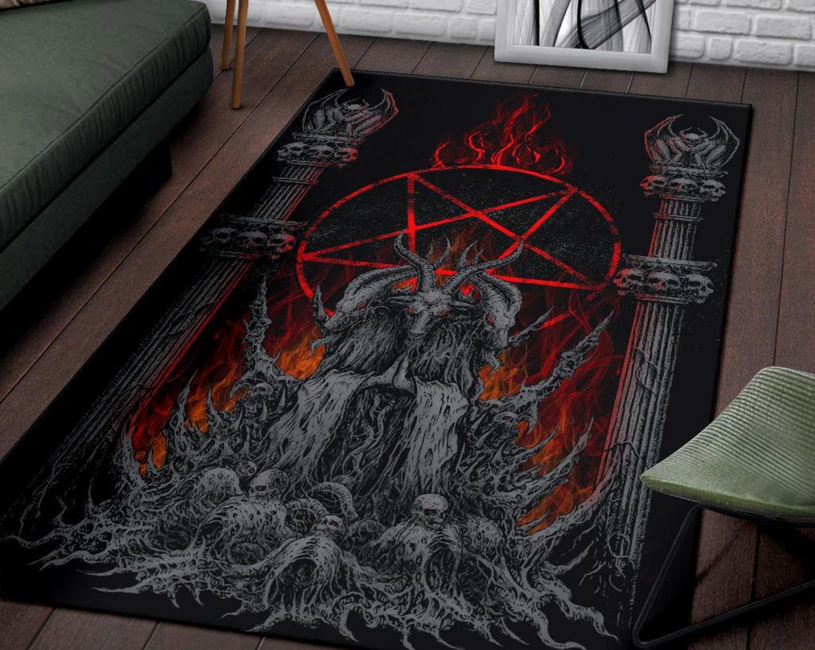 Skull Satanic Goat Satanic Pentagram Flame Area Rug Silver Gothic Home Decor Skull Satanic Goat Satanic Pentagram Flame Area Rug Silver Gothic Home Decor