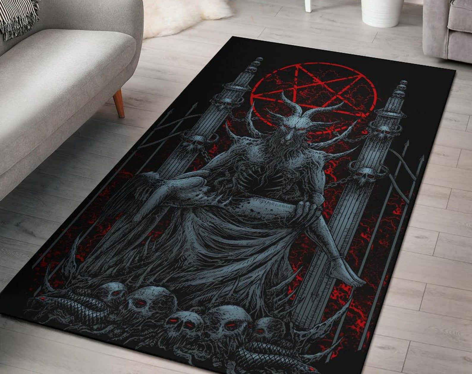 Skull Satanic Goat Satanic Pentagram Serpent Delivered To The Pearly Gates Area Rug Color Version Gothic Home Decor