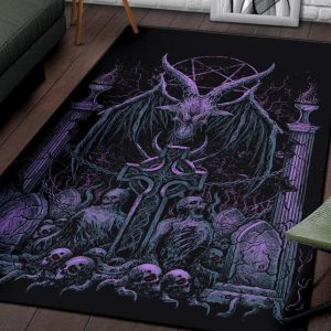 Skull Satanic Pentagram Baphomet Demon Bat Wing Goat Grave Shrine Area Rug Awesome Night Blue Purple Pink Tint Gothic Home Decor