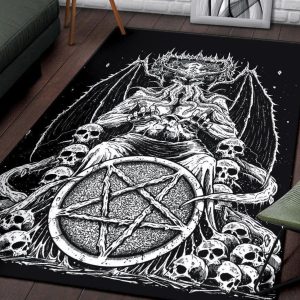 Skull Satanic Pentagram Demon Bat Wing Octopus Skull Throne Area Rug Gothic Home Decor