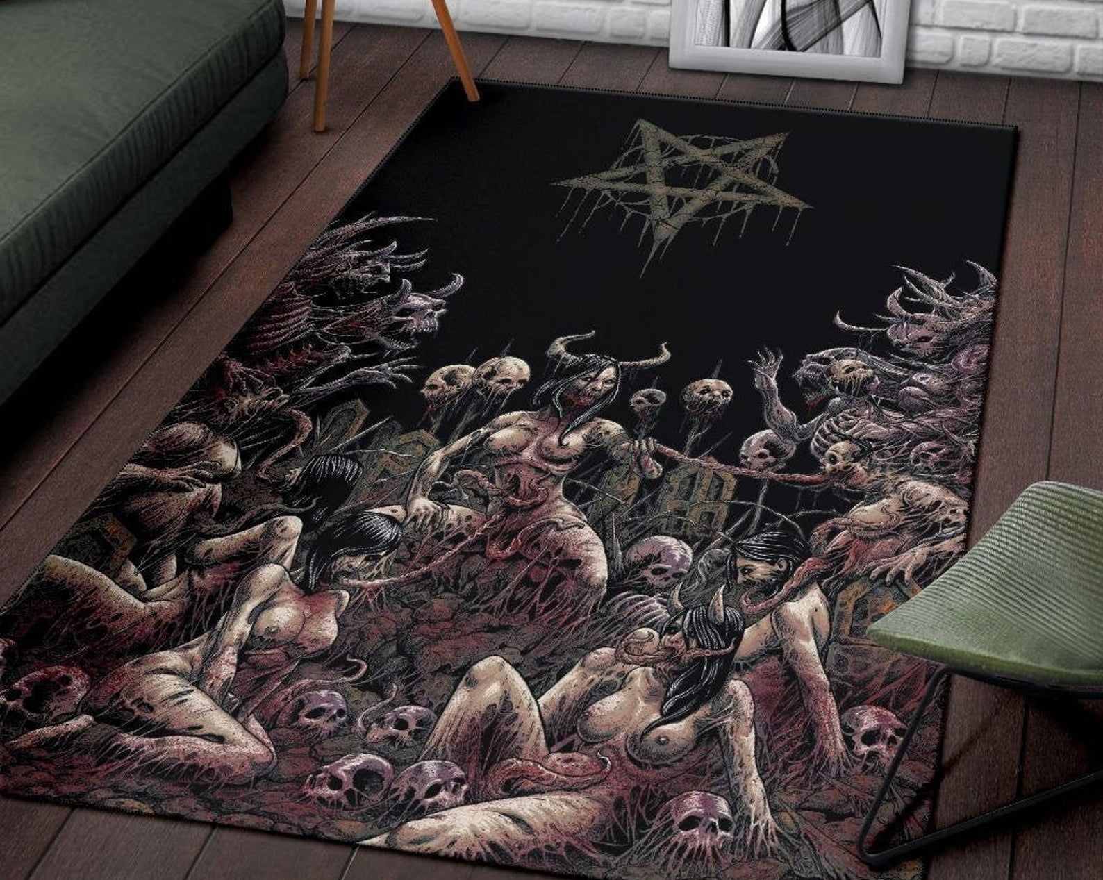 Skull Satanic Pentagram Demon Nymphomania And Loving It Area Rug Color Version Without Pentagram Gothic Home Decor