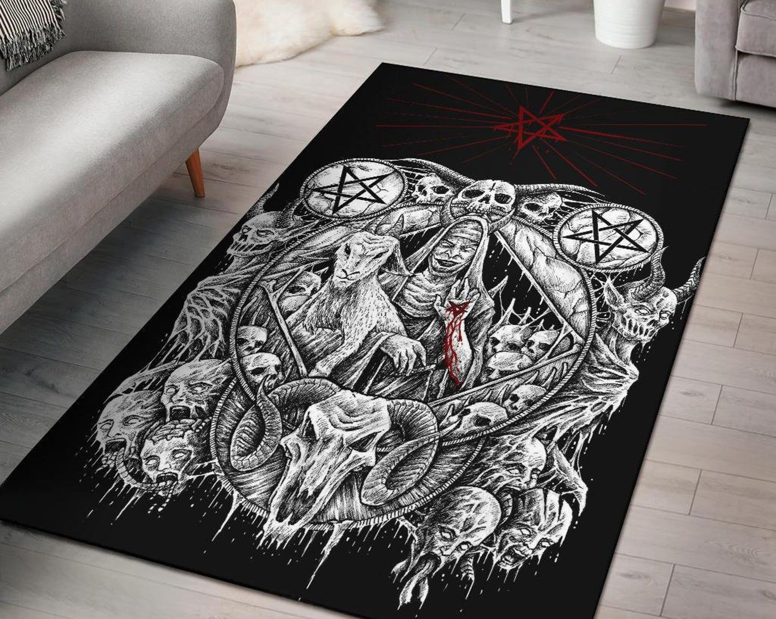 Skull Satanic Pentagram Demon Virgin Nun Goat Area Rug Gothic Home Decor Skull Satanic Pentagram Demon Virgin Nun Goat Area Rug Gothic Home Decor