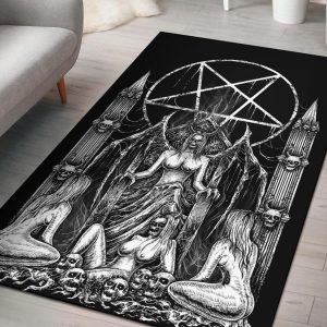 Skull Satanic Pentagram Lust Throne Area Rug Black And White Smoke Flame Gothic Home Decor