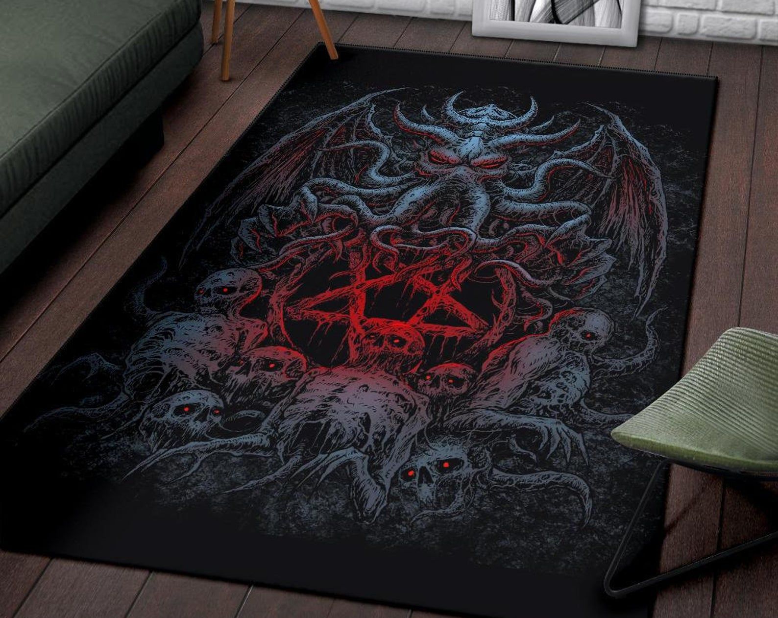 Skull Skeleton Demon Octopus Satanic Pentagram Area Rug Color Red Pentagram Gothic Home Decor