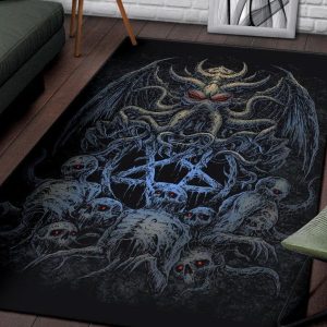 Skull Skeleton Demon Octopus Satanic Pentagram Area Rug Night Blue Gothic Home Decor