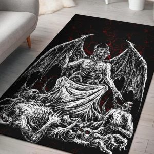 Skull Skeleton Satanic Bat Wing Demon God Area Rug Black And White Red Gothic Home Decor