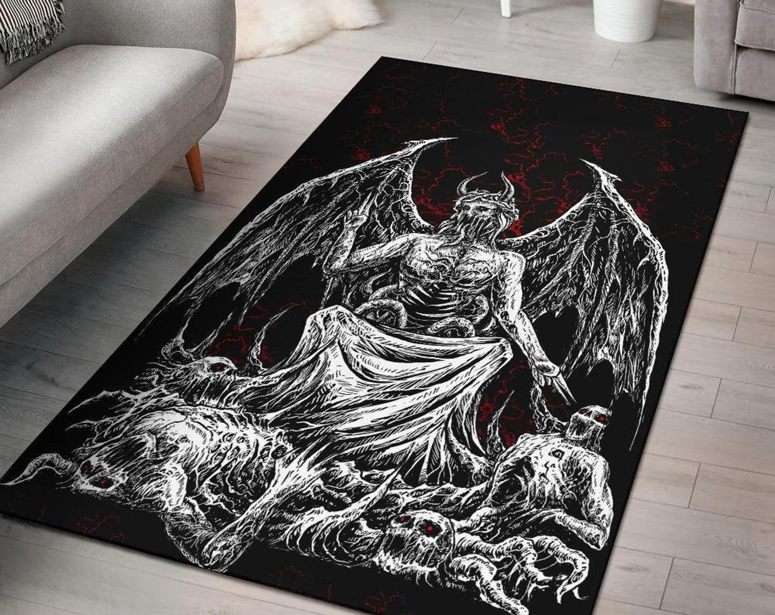 Skull Skeleton Satanic Bat Wing Demon God Area Rug Black And White Red Gothic Home Decor Skull Skeleton Satanic Bat Wing Demon God Area Rug Black And White Red Gothic Home Decor