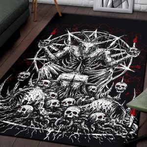 Skull Skeleton Satanic Goat Eternal Impaled Torment Skull Candle Trophy Area Rug Black And White Red Gothic Home Decor