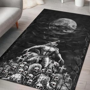 Skull Werewolf Demon Graveyard Area Rug Black And White Red Eye Gothic Home Decor