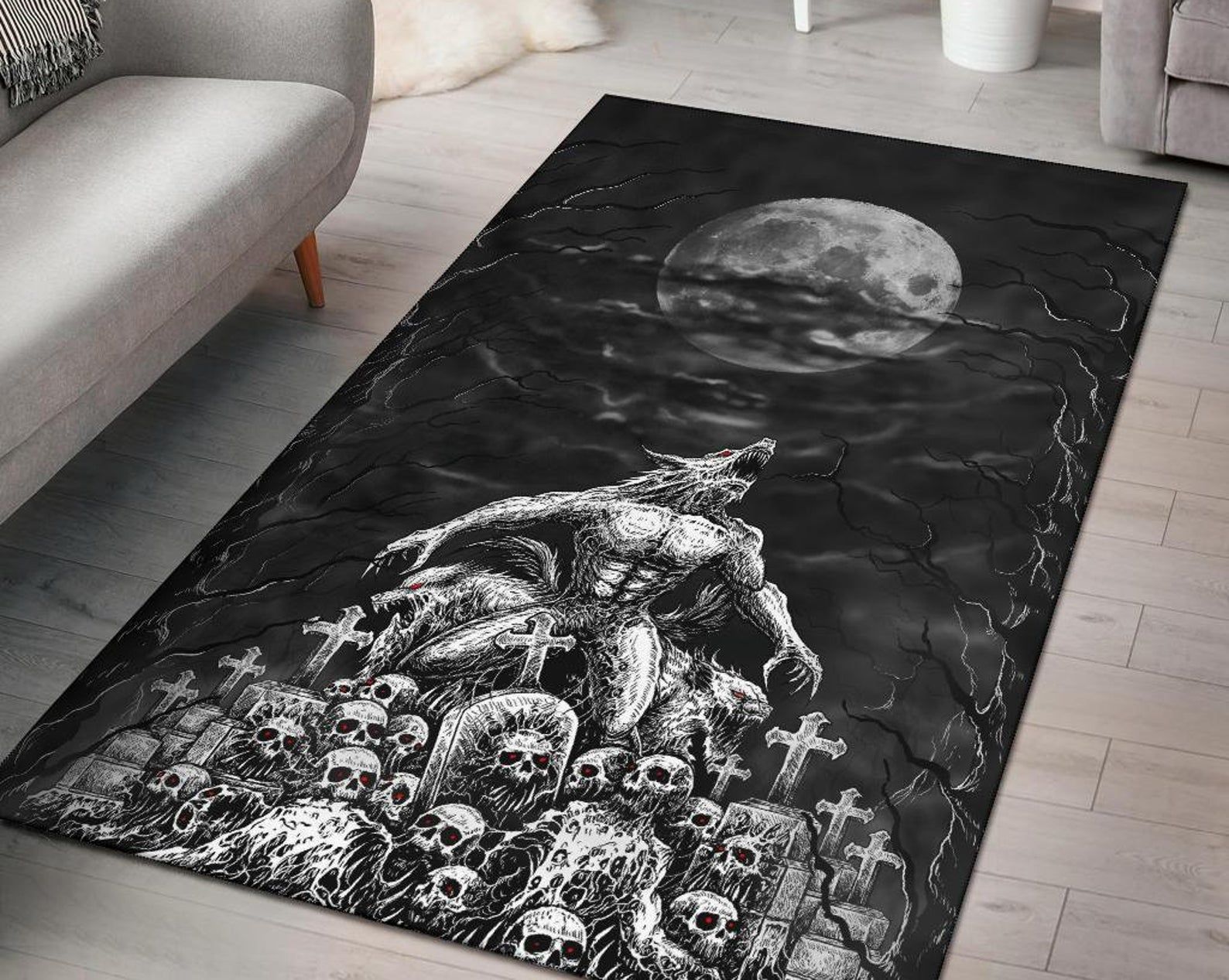 Skull Werewolf Demon Graveyard Area Rug Black And White Red Eye Gothic Home Decor Skull Werewolf Demon Graveyard Area Rug Black And White Red Eye Gothic Home Decor