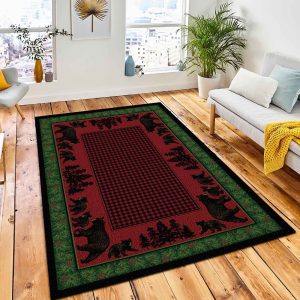 Woodland Bear Family Green And Red Rug Rustic Cabin & Lodge Area Rug Bedroom Rug