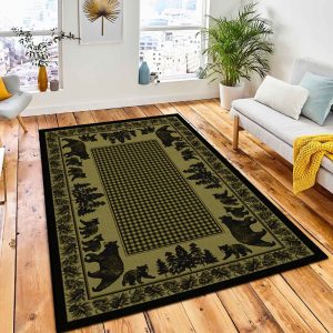 Woodland Bear Family Green Area Rug Rustic Cabin & Lodge Area Rug Living Room Rug