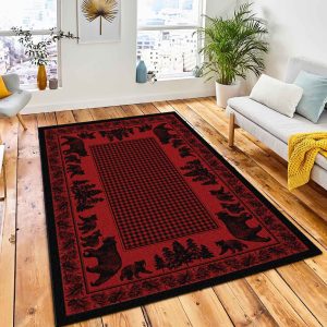 Woodland Bear Family Red Area Rug Rustic Cabin & Lodge Area Rug Bedroom Rug